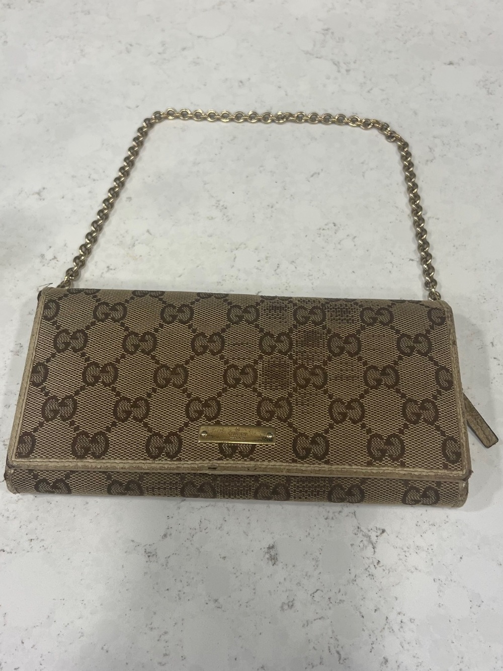 Gucci Brown Beige Monogram Canvas Chain Clutch